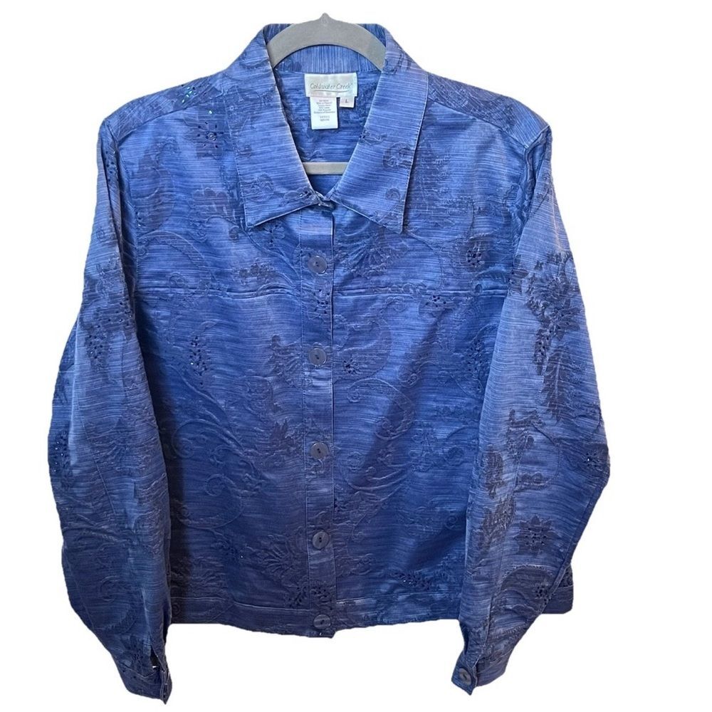 Coldwater Creek Womens Blue Floral Embroidered Beaded Jacket Long Sleeve Large
